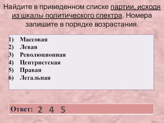 Найдите в приведенном списке партии, исходя из шкалы политического спектра. Номера запишите