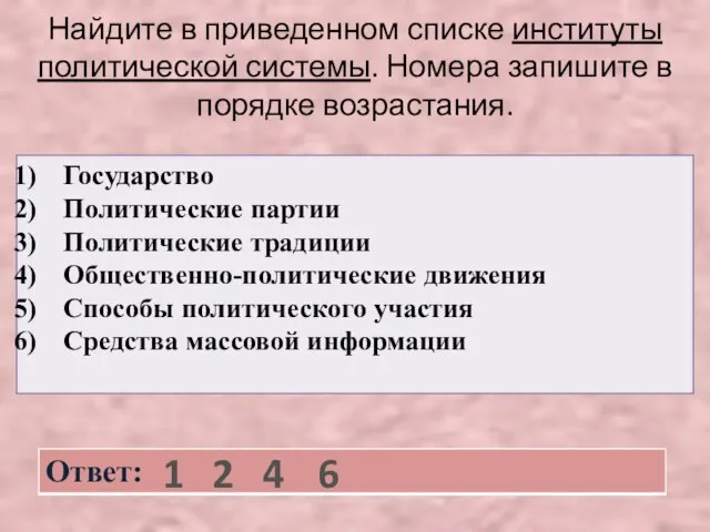 Найдите в приведенном списке институты политической системы. Номера запишите в порядке возрастания. 1 2 4 6