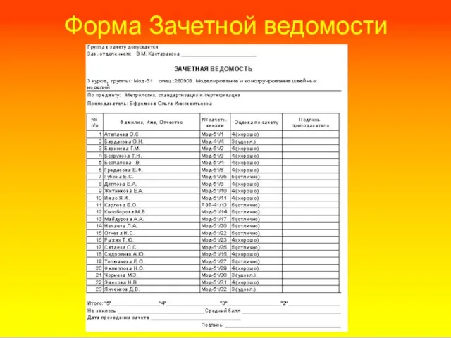 Форма Зачетной ведомости