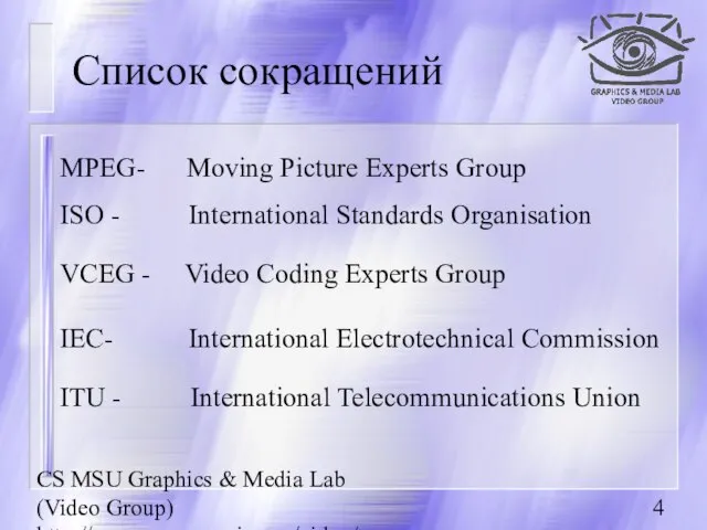 CS MSU Graphics & Media Lab (Video Group) http://www.compression.ru/video/ Список сокращений MPEG-