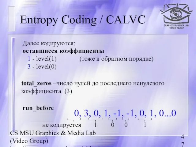CS MSU Graphics & Media Lab (Video Group) http://www.compression.ru/video/ total_zeros –число нулей