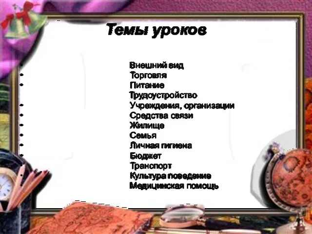 Темы уроков Внешний вид Торговля Питание Трудоустройство Учреждения, организации Средства связи Жилище