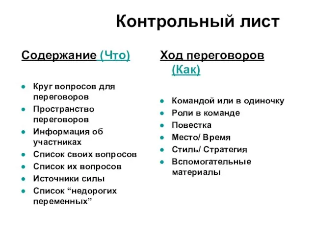 Содержание (Что) Круг вопросов для переговоров Пространство переговоров Информация об участниках Список