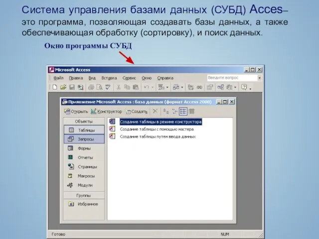 Система управления базами данных (СУБД) Acces– это программа, позволяющая создавать базы данных,