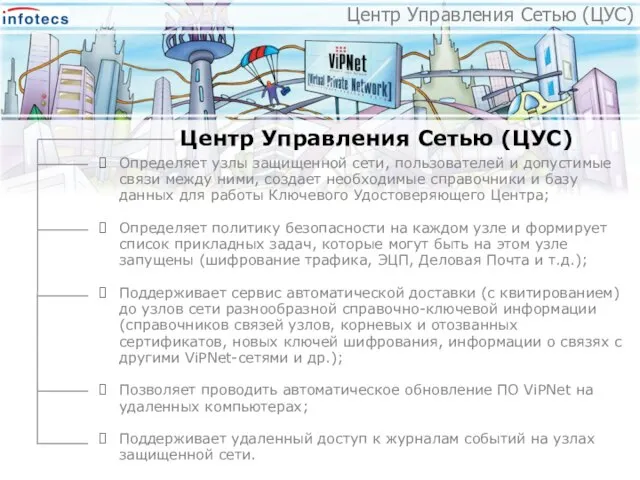 Центр Управления Сетью (ЦУС) Определяет узлы защищенной сети, пользователей и допустимые связи