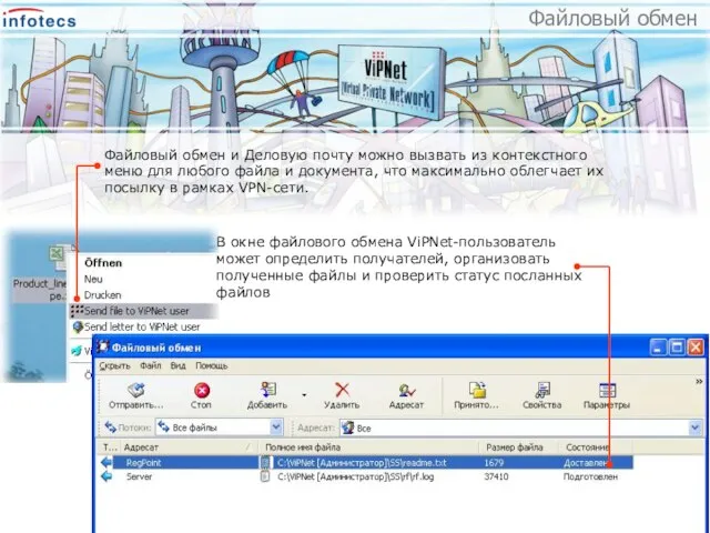 Файловый обмен и Деловую почту можно вызвать из контекстного меню для любого