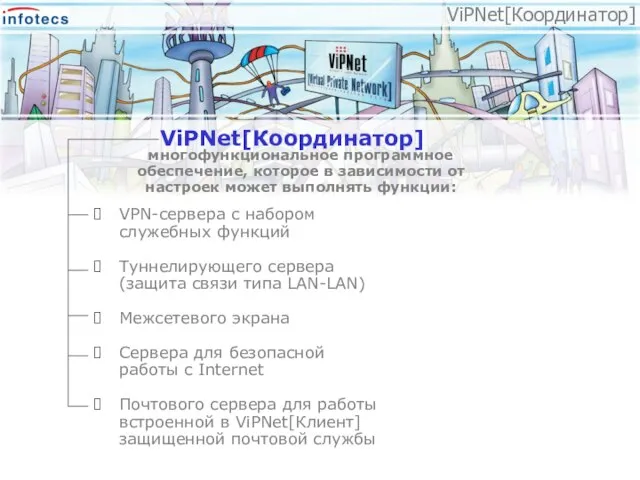 ViPNet[Координатор] многофункциональное программное обеспечение, которое в зависимости от настроек может выполнять функции: