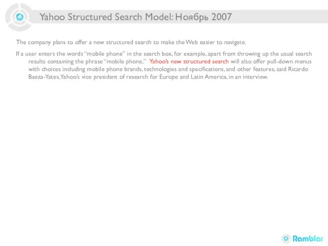 Yahoo Structured Search Model: Ноябрь 2007 The company plans to offer a