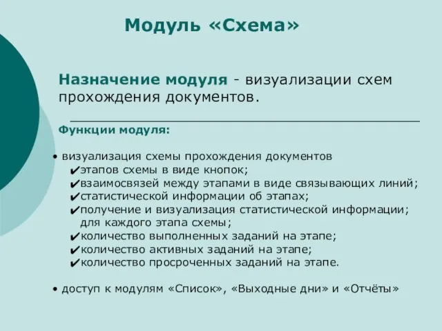 Модуль «Схема» Назначение модуля - визуализации схем прохождения документов. Функции модуля: визуализация