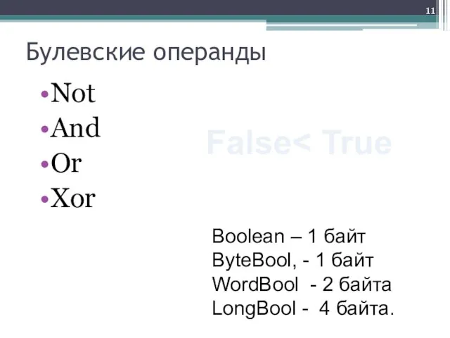 Булевские операнды Not And Or Xor False Boolean – 1 байт ByteBool,