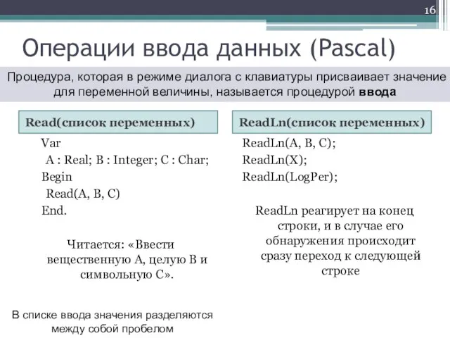 Операции ввода данных (Pascal) Read(список переменных) ReadLn(список переменных) Var A : Real;