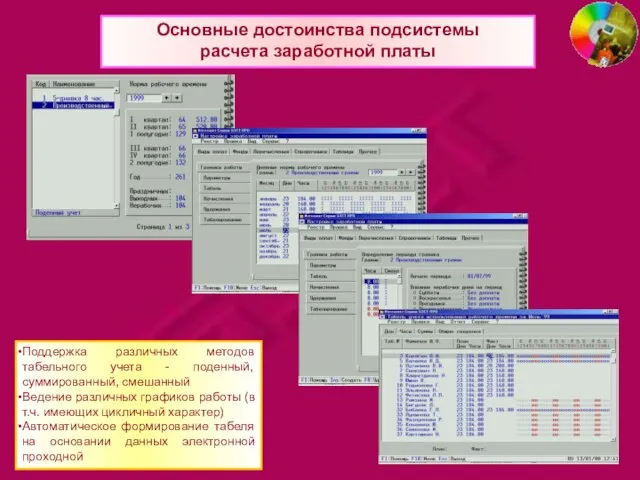 Основные достоинства подсистемы расчета заработной платы Поддержка различных методов табельного учета -