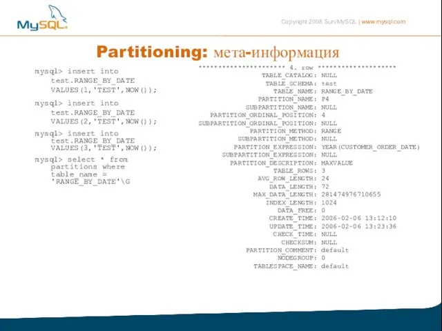 Partitioning: мета-информация mysql> insert into test.RANGE_BY_DATE VALUES(1,'TEST',NOW()); mysql> insert into test.RANGE_BY_DATE VALUES(2,'TEST',NOW());