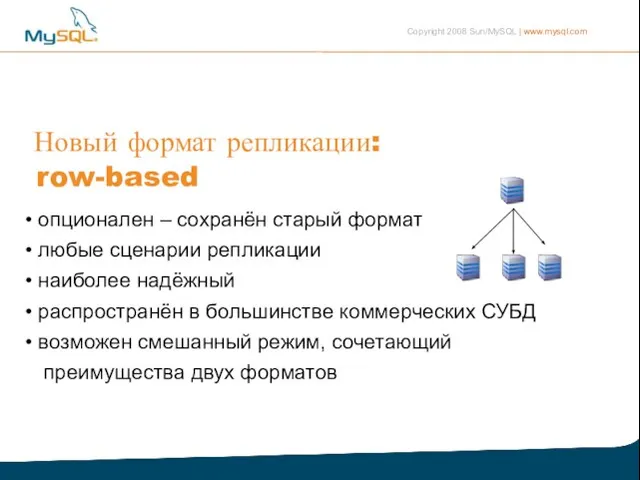 Новый формат репликации: row-based опционален – сохранён старый формат любые сценарии репликации