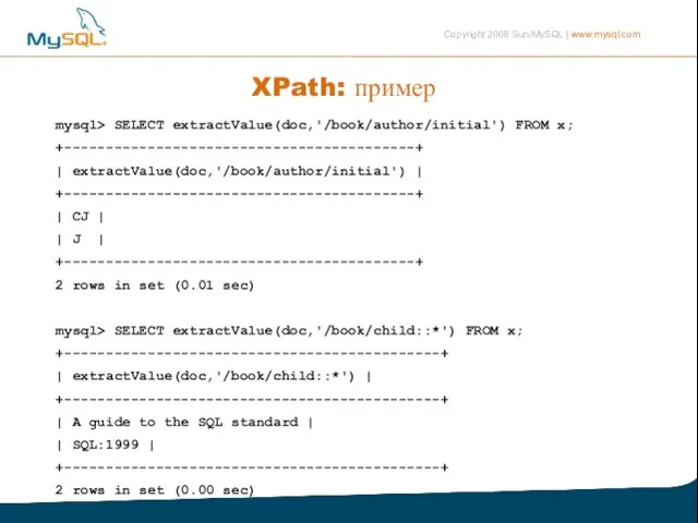 XPath: пример mysql> SELECT extractValue(doc,'/book/author/initial') FROM x; +------------------------------------------+ | extractValue(doc,'/book/author/initial') | +------------------------------------------+