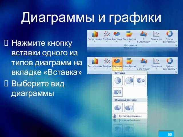 Диаграммы и графики Нажмите кнопку вставки одного из типов диаграмм на вкладке «Вставка» Выберите вид диаграммы