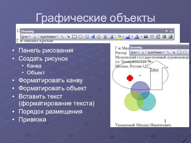 Графические объекты Панель рисования Создать рисунок Канва Объект Форматировать канву Форматировать объект