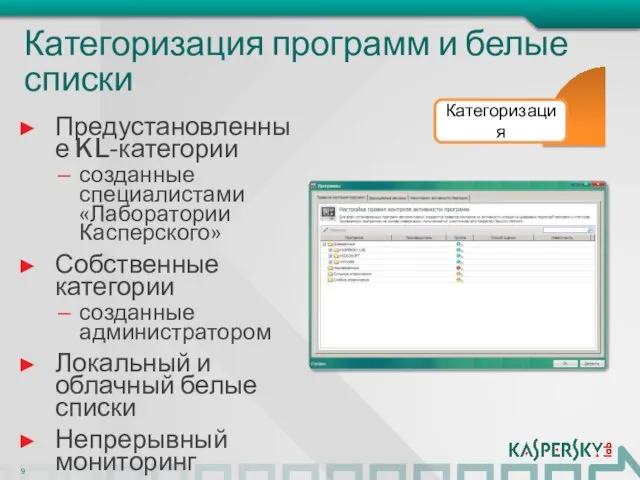 Категоризация программ и белые списки Предустановленные KL-категории созданные специалистами «Лаборатории Касперского» Собственные