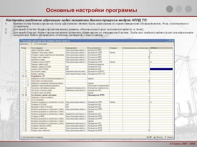 Основные настройки программы Настройки шаблонов адресации задач основного бизнес-процесса модуля АППД ТП: