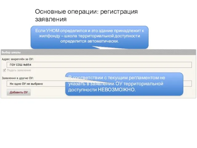 Основные операции: регистрация заявления Если УНОМ определился и это здание принадлежит к