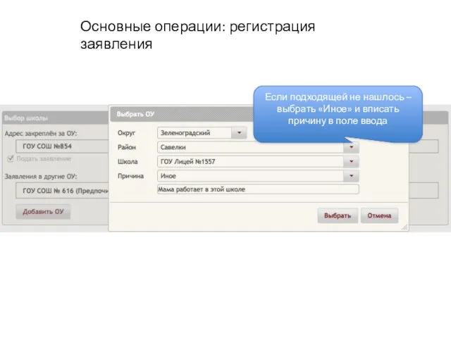 Основные операции: регистрация заявления Если подходящей не нашлось – выбрать «Иное» и