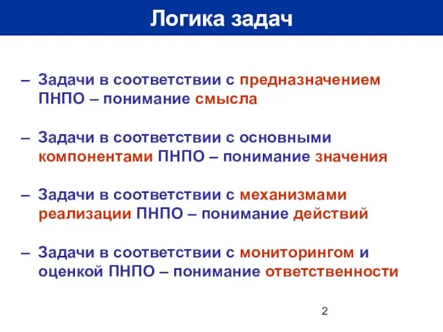 Логика задач Задачи в соответствии с предназначением ПНПО – понимание смысла Задачи