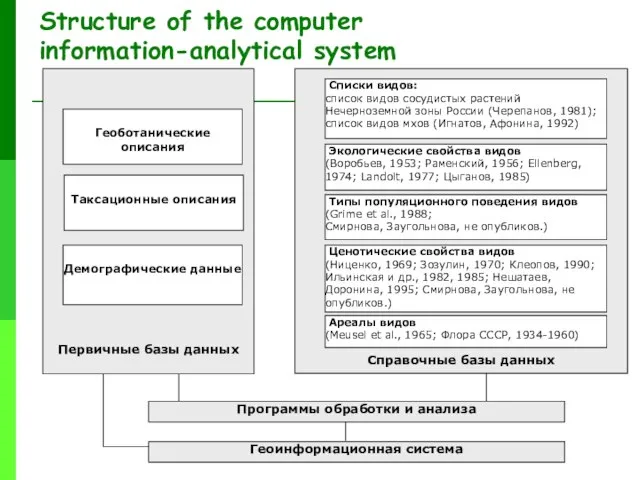 Structure of the computer information-analytical system Программы обработки и анализа Геоинформационная система