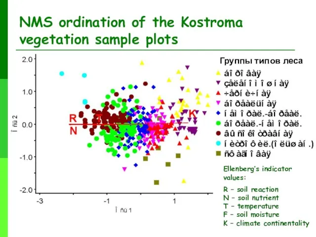 NMS ordination of the Kostroma vegetation sample plots Группы типов леса Ellenberg’s