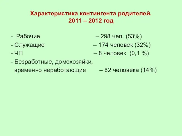 Характеристика контингента родителей. 2011 – 2012 год - Рабочие – 298 чел.