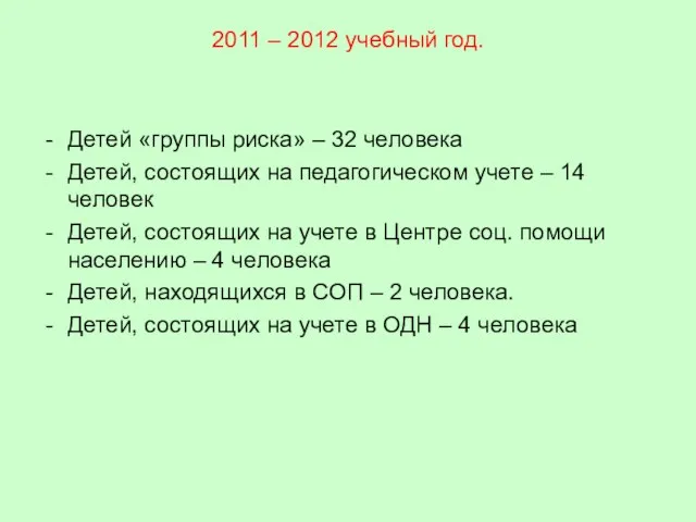 2011 – 2012 учебный год. Детей «группы риска» – 32 человека Детей,