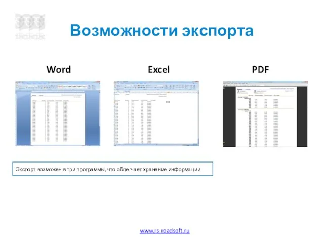 Возможности экспорта Word Excel PDF Экспорт возможен в три программы, что облегчает хранение информации