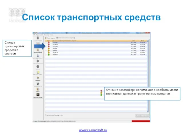 Список транспортных средств Функция «светофор» напоминает о необходимости скачивания данных о транспортном