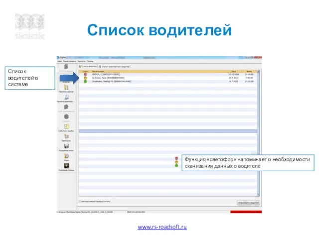 Список водителей Функция «светофор» напоминает о необходимости скачивания данных о водителе Список водителей в системе