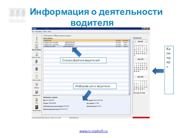 Информация о деятельности водителя Список файлов водителей Информация о водителе Календарь