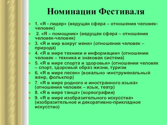 Номинации Фестиваля 1. «Я - лидер» (ведущая сфера – отношения человек-человек) 2.