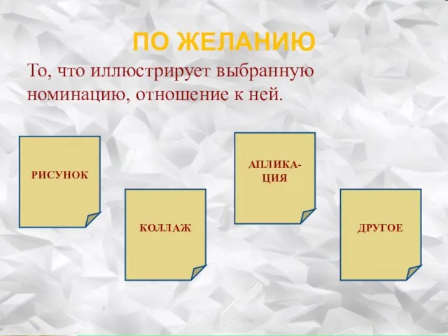 То, что иллюстрирует выбранную номинацию, отношение к ней. ПО ЖЕЛАНИЮ РИСУНОК КОЛЛАЖ АПЛИКА-ЦИЯ ДРУГОЕ