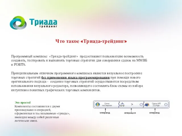 - Что такое «Триада-трейдинг» Программный комплекс «Триада-трейдинг» предоставляет пользователю возможность создавать, тестировать