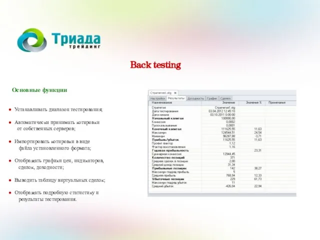 Back testing . Основные функции Устанавливать диапазон тестирования; Автоматически принимать котировки от