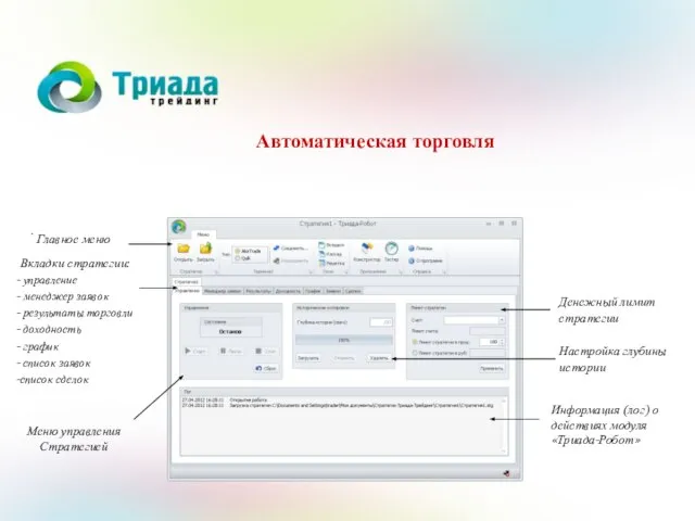 Автоматическая торговля . Меню управления Стратегией Главное меню Вкладки стратегии: управление менеджер