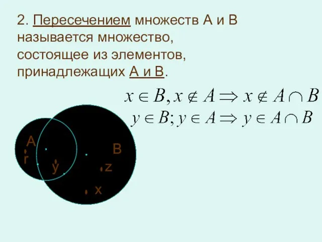 2. Пересечением множеств А и В называется множество, состоящее из элементов, принадлежащих