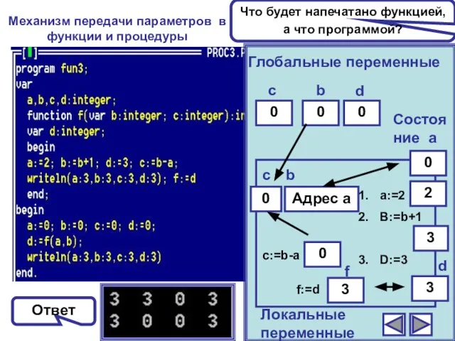 Механизм передачи параметров в функции и процедуры Что будет напечатано функцией, а