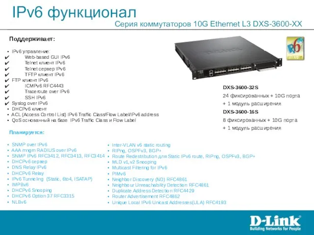 IPv6 функционал Серия коммутаторов 10G Ethernet L3 DXS-3600-XX DXS-3600-32S 24 фиксированных +