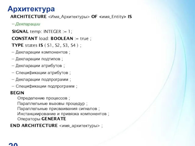 Архитектура ARCHITECTURE OF IS -- Декларации SIGNAL temp: INTEGER := 1; CONSTANT