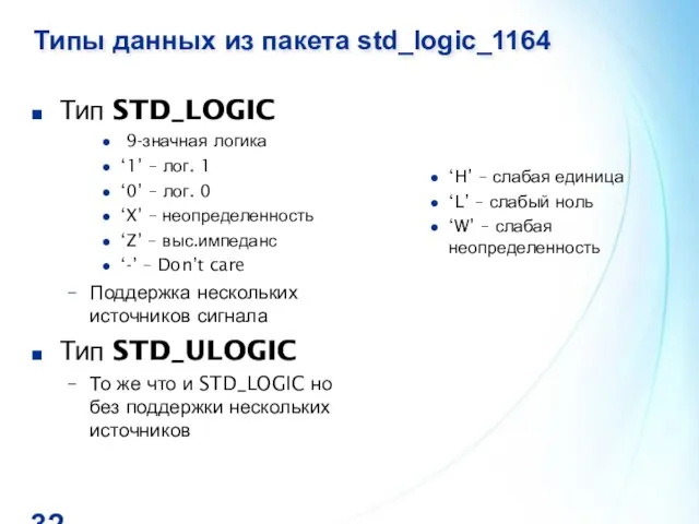 Типы данных из пакета std_logic_1164 Тип STD_LOGIC 9-значная логика ‘1’ – лог.