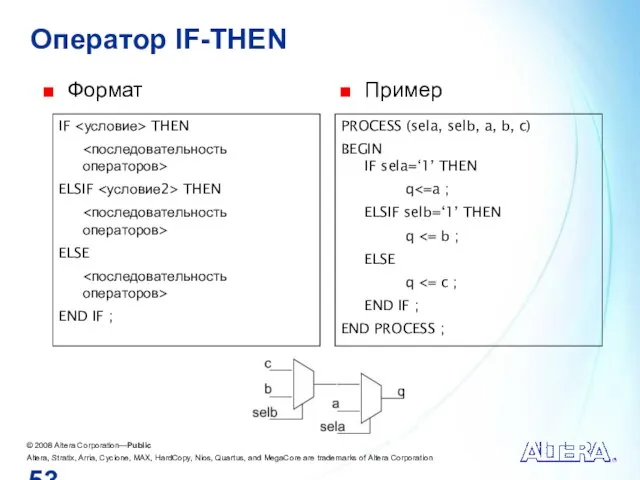 Оператор IF-THEN Формат IF THEN ELSIF THEN ELSE END IF ; PROCESS