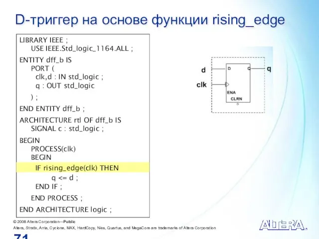 D-триггер на основе функции rising_edge LIBRARY IEEE ; USE IEEE.Std_logic_1164.ALL ; ENTITY