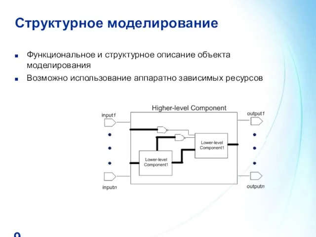 Структурное моделирование Функциональное и структурное описание объекта моделирования Возможно использование аппаратно зависимых ресурсов