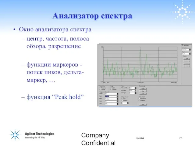 Company Confidential Анализатор спектра Окно анализатора спектра центр. частота, полоса обзора, разрешение