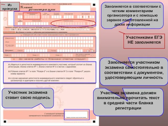 Участник экзамена должен внимательно прочитать текст в средней части бланка регистрации Заполняется