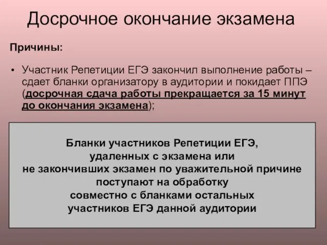 Досрочное окончание экзамена Причины: Участник Репетиции ЕГЭ закончил выполнение работы – сдает